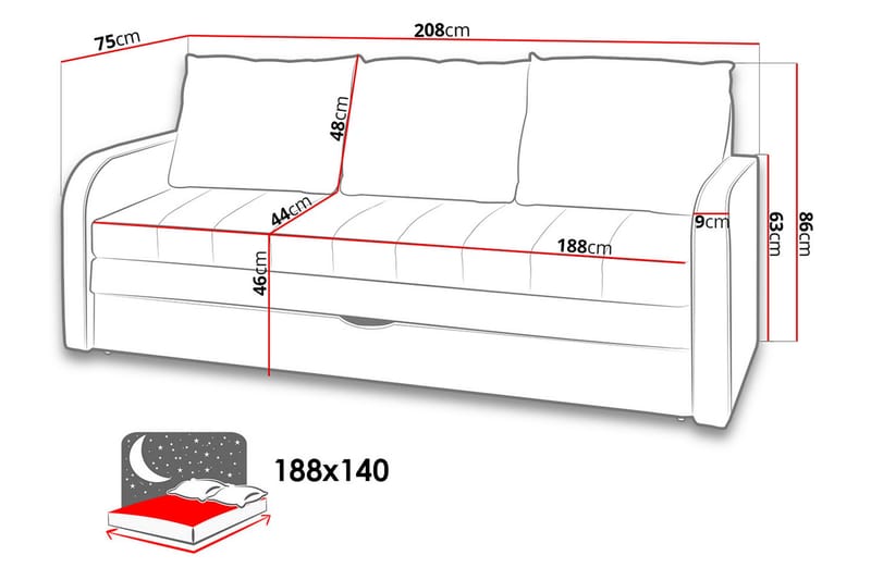 Lido Vuodesohva 208x75x86 cm - Huonekalut - Sohva - Vuodesohva - 3 istuttava vuodesohva