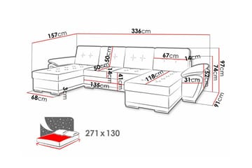 Listowel 4-istuttava u-muotoinen kulmavuodesohva 130x271 cm säilytystilalla kangasta - Harmaa - Huonekalut - Sohva - Vuodesohva