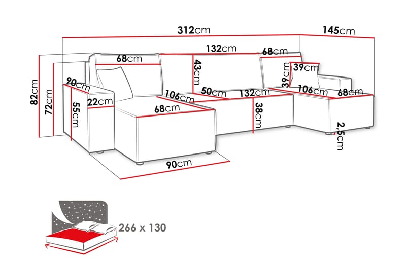 Magston 4-istuttava kulmavuodesohva 130x266 cm säilytystilalla manchesterkangasta - Harmaa - Huonekalut - Sohva - Vuodesohva