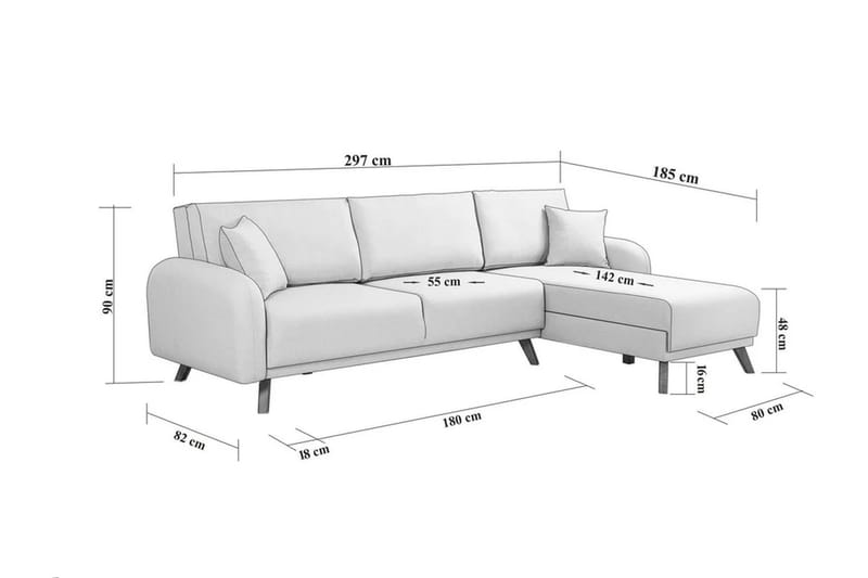 Malkiat 4-istuttava oikea kulmavuodesohva divaanilla 125x260 cm kangasta - Harmaa - Huonekalut - Sohva - Vuodesohva