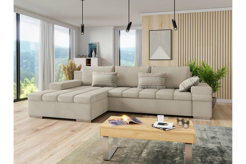 Naoma 3-istuttava vasen l-muotoinen vuodesohva säilytystilalla kangasta - Beige - Huonekalut - Sohva - Vuodesohva