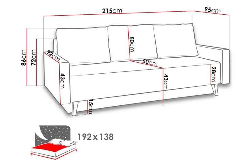 Oviedo 3-istuttava vuodesohva säilytystilalla 95x215 cm kangasta - Harmaa - Huonekalut - Sohva - Vuodesohva - 3 istuttava vuodesohva