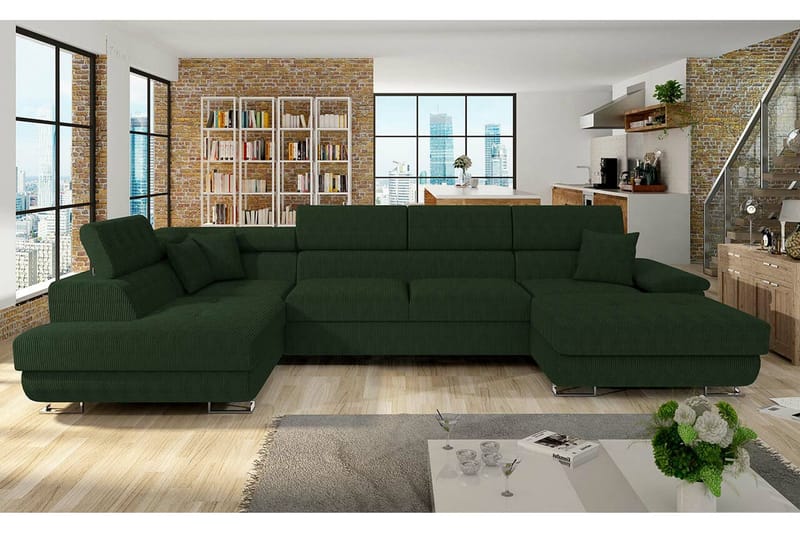 Reginia 4-istuttava kulmavuodesohva 125x270 cm säilytystilalla manchesterkangasta - Pullonvihreä - Huonekalut - Sohva - Vuodesohva