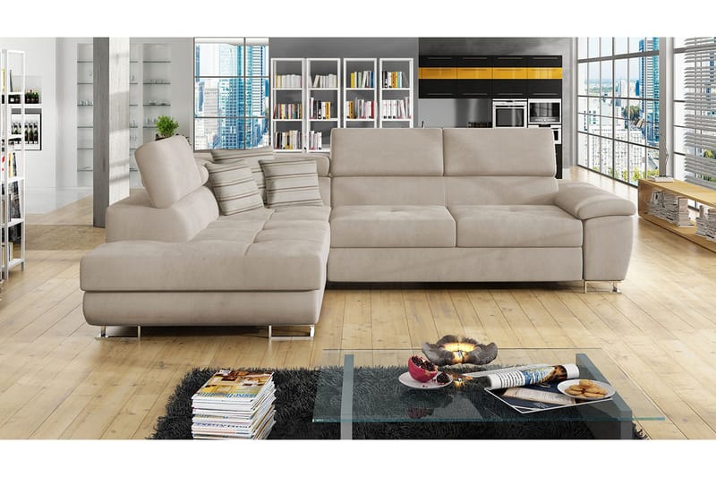 Reginia 4-istuttava vasemmalle kääntyvä vuodesohva 125x195 cm säilytystilalla samettia - Beige - Huonekalut - Sohva - Vuodesohva