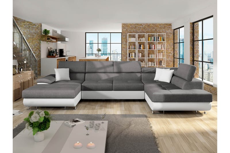 Reginia Vuodesohva Divaanilla ja Sjeslongilla 4-istuttava Keinonahka - Valkoinen / Harmaa - Huonekalut - Sohva - Vuodesohva