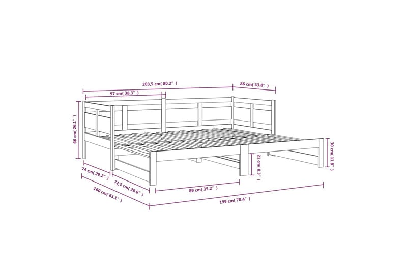 Sohvasänky ulosvedettävä musta täysi mänty 2x (80x200) cm - Musta - Vuodesohva