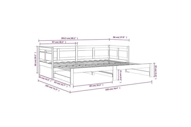 Sohvasänky ulosvedettävä valkoinen täysi mänty 2x (90x200) c - Valkoinen - Vuodesohva