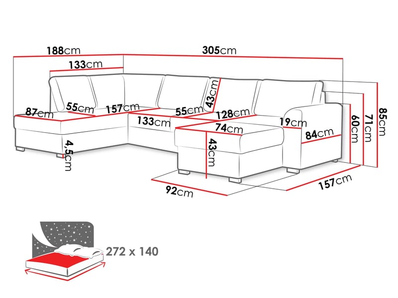 Taberk 5-istuttava U-sohva Divaanilla Oikea - Huonekalut - Sohva - Vuodesohva