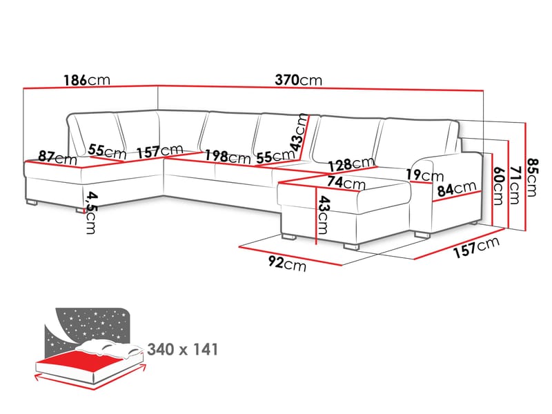 Taberk Large 6-istuttava U-sohva Divaanilla Vasen - Huonekalut - Sohva - Vuodesohva