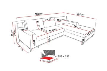 Talby 3-istuttava oikea l-muotoinen kulmavuodesohva 135x255 cm säilytystilalla kangasta - Harmaa - Huonekalut - Sohva - Vuodesohva