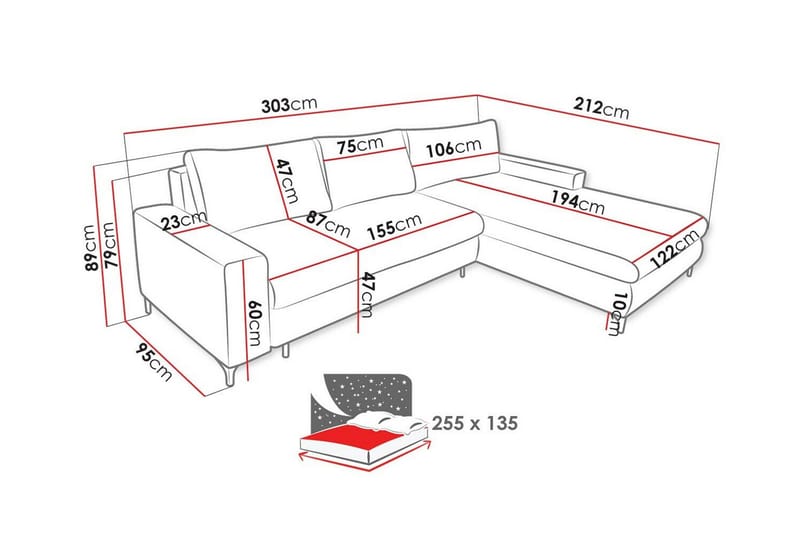 Talby 3-istuttava oikea l-muotoinen kulmavuodesohva 135x255 cm säilytystilalla kangasta - Harmaa - Huonekalut - Sohva - Vuodesohva
