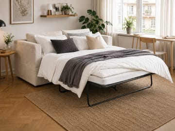 Travstad 3-istuttava vuodesohva, HVILA-sijauspatja 140x200 cm, polyeteerivaahto, käännettävä kesä- ja talvipuoli sekä pestävä verhoilu - Beige - Huonekalut - Sohva - Vuodesohva - 3 istuttava vuodesohva