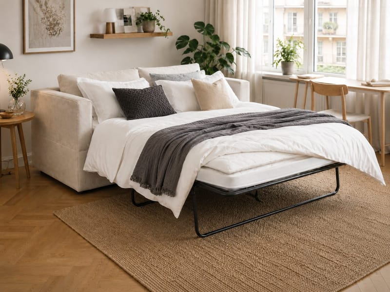 Travstad 3-istuttava vuodesohva, HVILA-sijauspatja 140x200 cm, polyeteerivaahto, käännettävä kesä- ja talvipuoli sekä pestävä verhoilu - Beige/valkoinen - Huonekalut - Sohva - Vuodesohva - 3 istuttava vuodesohva