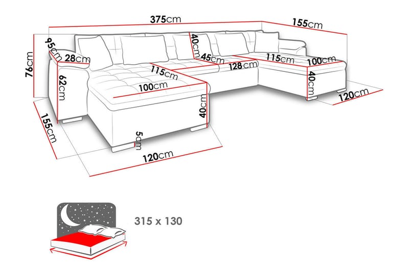 Vuodesohva Tupladivaani Orduna 4:n ist 315x130 cm U-muoto - Musta - Huonekalut - Sohva - Vuodesohva