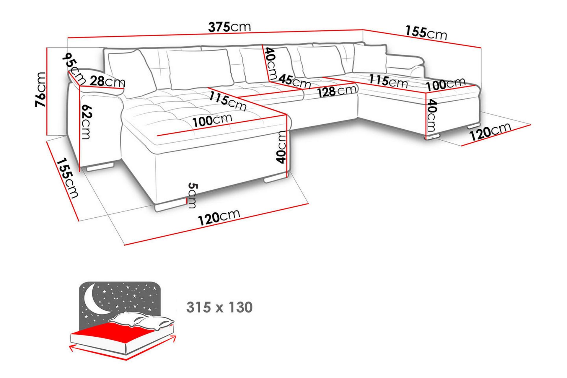 Wicenza U-Vuodesohva 375x155x76 cm - Huonekalut - Sohva - Vuodesohva