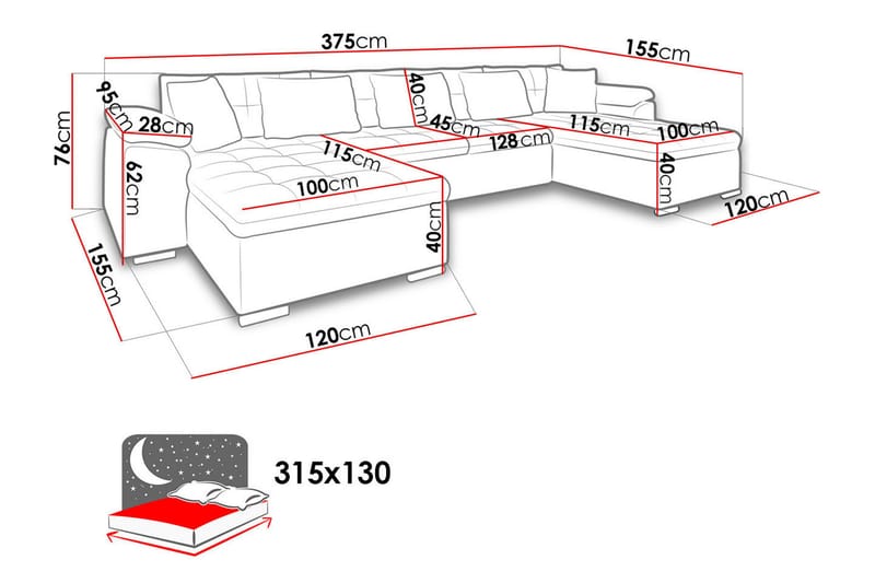 Wicenza U-Vuodesohva 375x155x76 cm - Vuodesohva - Nahkasohva - Divaanivuodesohva - U-vuodesohva