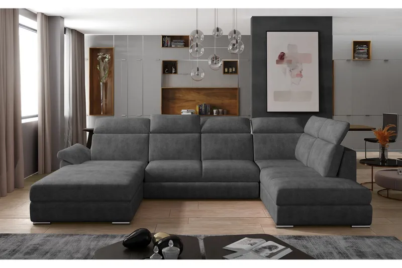 Zoana vasen u-mallinen vuodesohva 125x265 cm säilytystilalla kankaalla, Harmaa