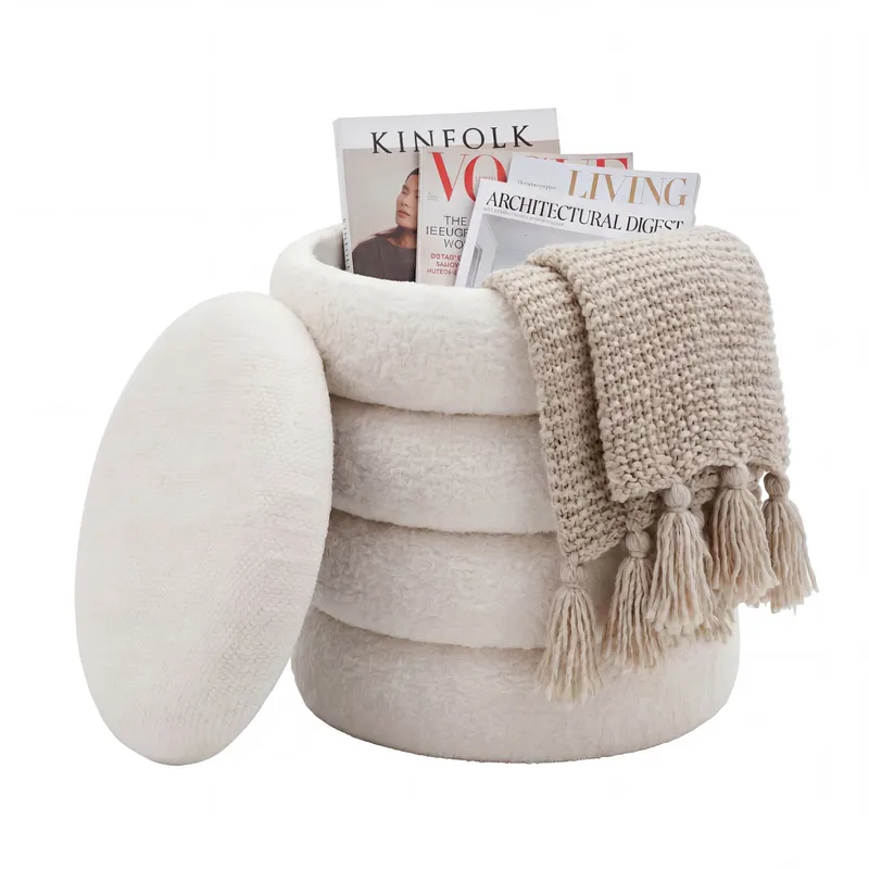 Velik pyöreä säilytysrahi teddy-kankaasta, vaalea kermanvärinen