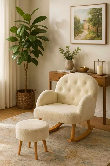 Korvatuoli- ja rahi-setti (2 osaa) Atelier Del Sofa Dugmeli (80 x 85 x 65 cm) Kermanvärinen - Huonekalut - Tuoli & nojatuoli - Pyörivät tuolit & keinutuoli