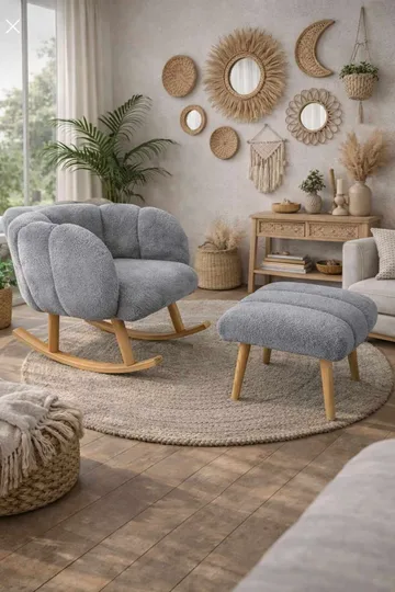 Korvatuoli- ja rahi-setti (2 osaa) Atelier Del Sofa Lotus (70 x 94 x 42 cm) Harmaa - Huonekalut - Tuoli & nojatuoli - Pyörivät tuolit & keinutuoli