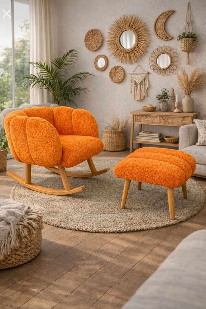 Korvatuoli- ja rahi-setti (2 osaa) Atelier Del Sofa Lotus (70 x 94 x 42 cm) Oranssi - Huonekalut - Tuoli & nojatuoli - Pyörivät tuolit & keinutuoli