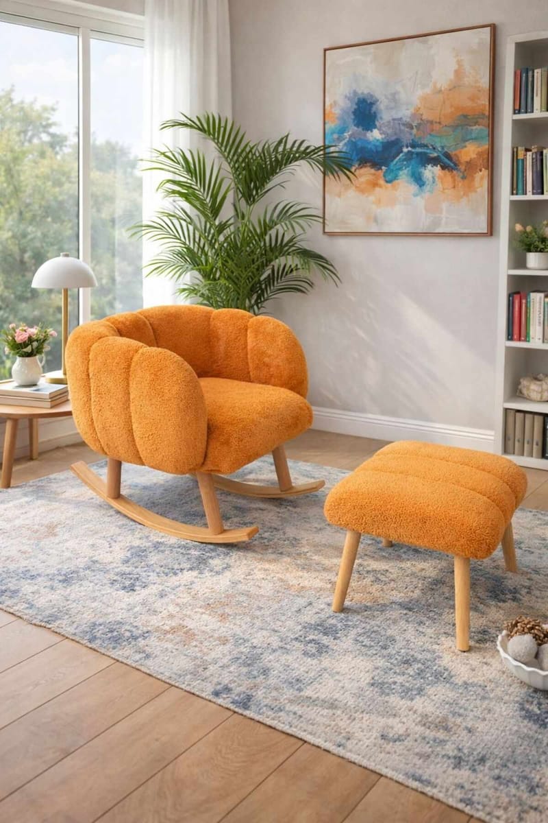 Korvatuoli- ja rahi-setti (2 osaa) Atelier Del Sofa Lotus (70 x 94 x 42 cm) Oranssi - Huonekalut - Tuoli & nojatuoli - Pyörivät tuolit & keinutuoli