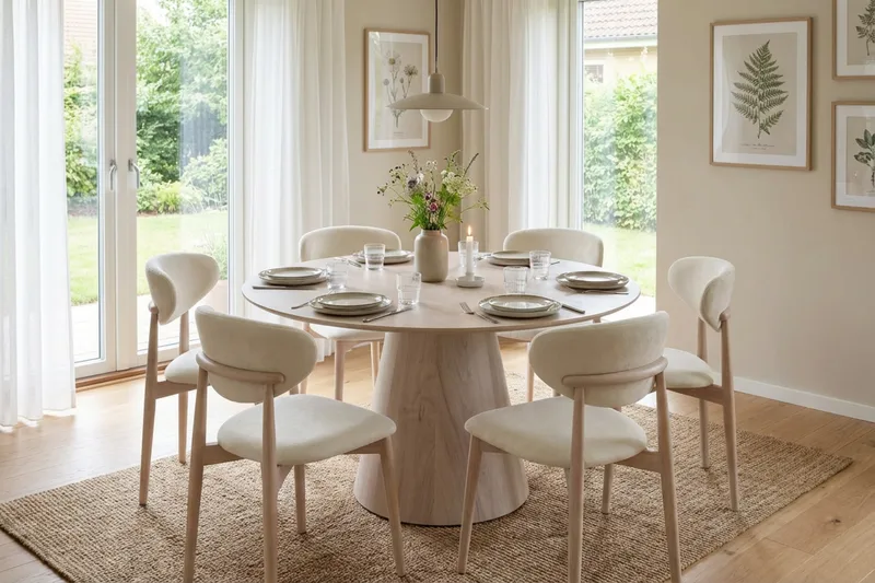 Molly-ruokapöydän tuoli puusta ja kangasistuimella - Whitewash/Beige - Huonekalut - Tuoli & nojatuoli - Ruokapöydän tuolit