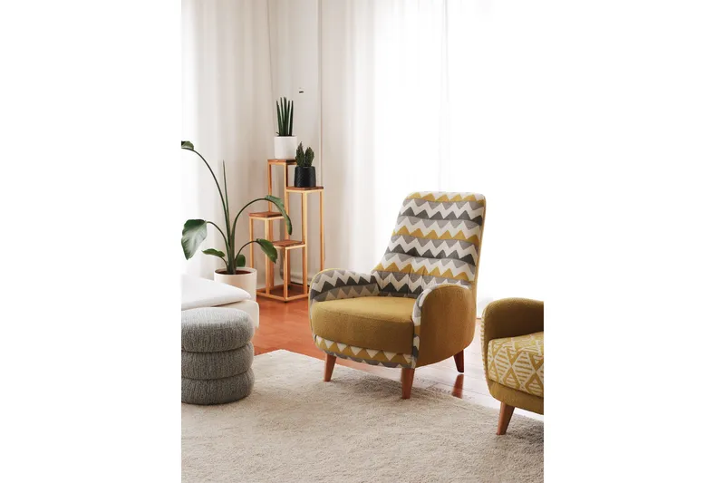 Baghana Retro nojatuoli kankaalla ja puujaloilla - Sinapinkeltainen - Huonekalut - Tuoli & nojatuoli - Nojatuoli & lepotuoli