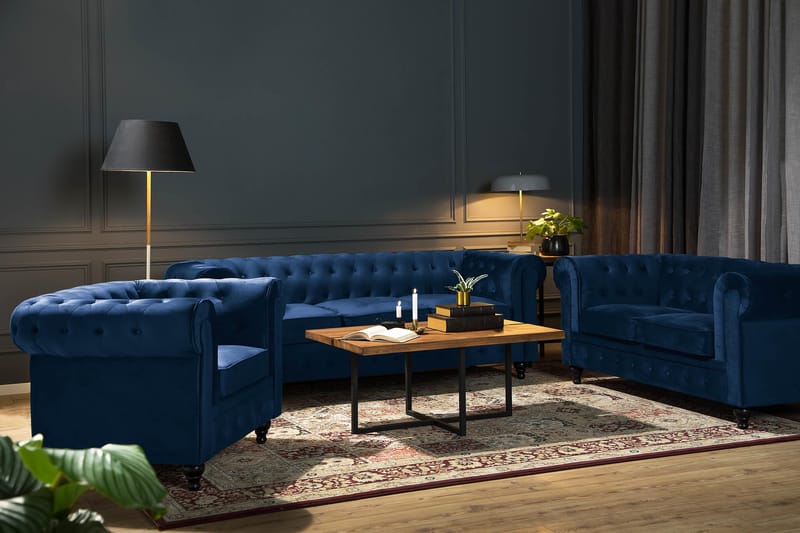 Chesterfield Lyx suuri mukava syvä samettinojatuoli – Nojatuoli olohuoneeseen - Sininen - Huonekalut - Tuoli & nojatuoli - Nojatuoli & lepotuoli - Chesterfield-nojatuolit