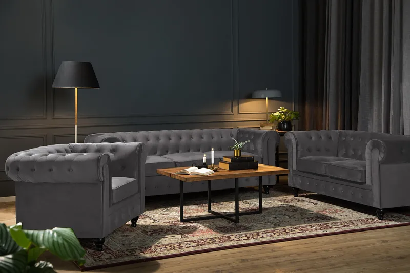 Chesterfield Lyx suuri mukava syvä samettinojatuoli – Nojatuoli olohuoneeseen - Tummanharmaa - Huonekalut - Tuoli & nojatuoli - Nojatuoli & lepotuoli - Chesterfield-nojatuolit