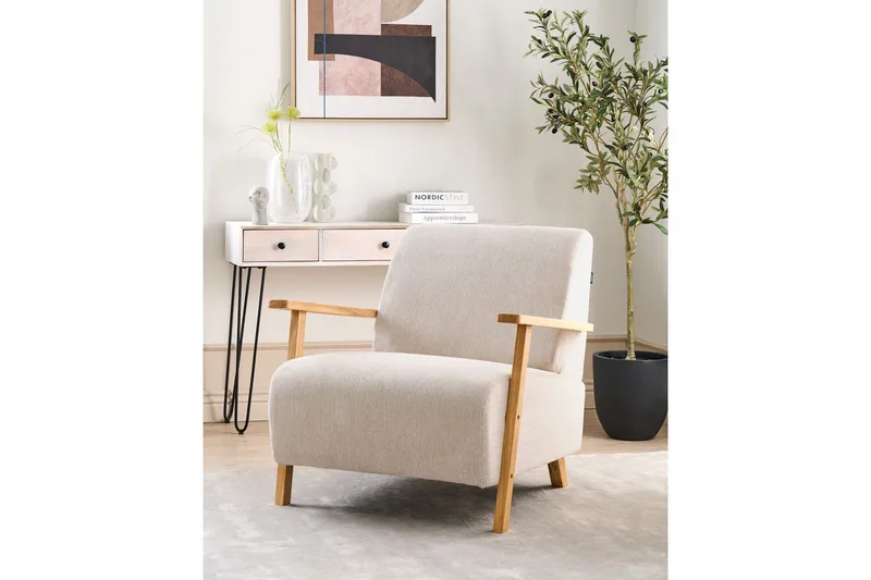 Nojatuoli Lesja - Vaaleanbeige, vaalea puu/Polyesteri - Huonekalut - Tuoli & nojatuoli - Nojatuoli & lepotuoli