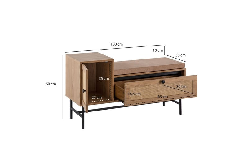 Kenkäkaappi Wohnling Verhoiltu penkki tammen foliopinta 1 ovi 1 laatikko - Huonekalut - Tuoli & nojatuoli - Penkki - Eteispenkki - Kenkäteline penkillä