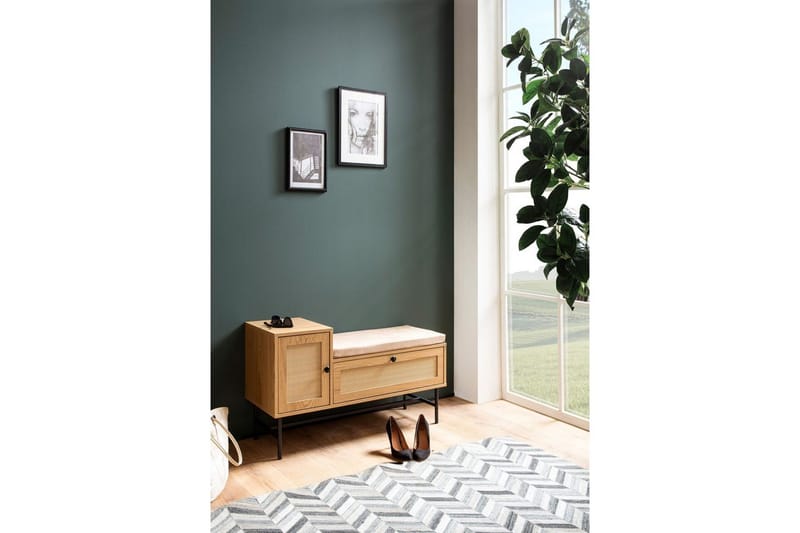 Kenkäkaappi Wohnling Verhoiltu penkki tammen foliopinta 1 ovi 1 laatikko - Huonekalut - Tuoli & nojatuoli - Penkki - Eteispenkki - Kenkäteline penkillä