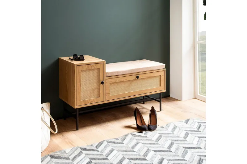 Kenkäkaappi Wohnling Verhoiltu penkki tammen foliopinta 1 ovi 1 laatikko - Huonekalut - Tuoli & nojatuoli - Penkki - Eteispenkki - Kenkäteline penkillä