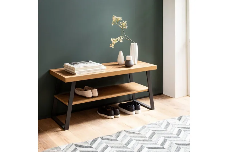 Penkki Wohnling Tammi kalanruotokuvio hyllyllä, tukevat metallirungot, moderni ilme - Huonekalut - Tuoli & nojatuoli - Penkki - Eteispenkki - Kenkäteline penkillä