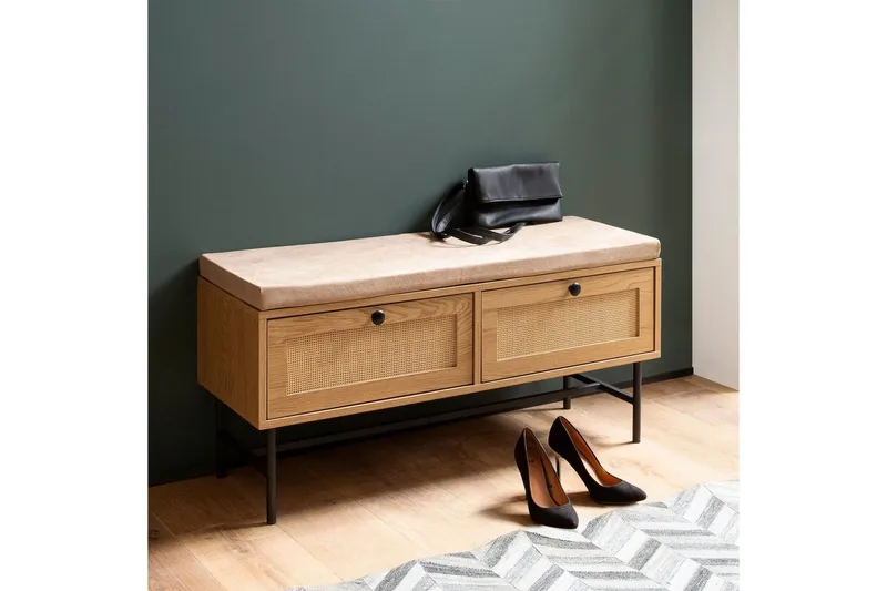 Penkki Wohnling Kankaalla päällystetty istumapaikka kahdella rottinkityylisellä laatikolla tammen koristelu - Huonekalut - Tuoli & nojatuoli - Penkki - Eteispenkki
