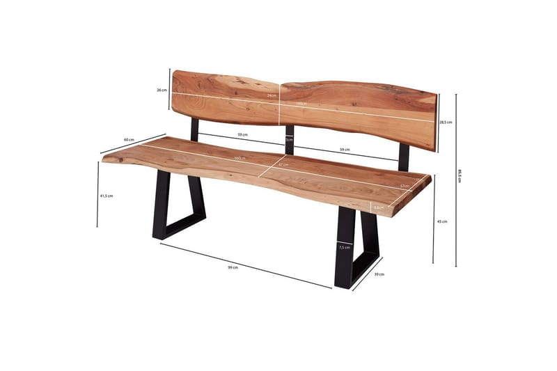 Ruokasalin penkki Wohnling Kiinteä puurakenne metallijaloilla maalaistyyli Selkänojalla, 160 cm - Selkänojalla, 160 cm - Huonekalut - Pöytä & ruokailuryhmä - Ruokapöydät & keittiön pöydät
