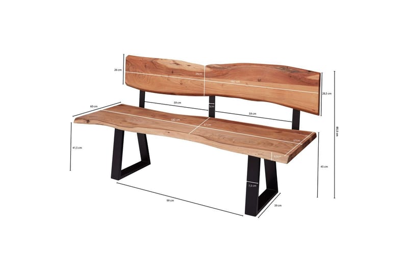 Ruokasalin penkki Wohnling Kiinteä puurakenne metallijaloilla maalaistyyli Selkänojalla, 180 cm - Selkänojalla, 180 cm - Huonekalut - Pöytä & ruokailuryhmä - Ruokapöydät & keittiön pöydät