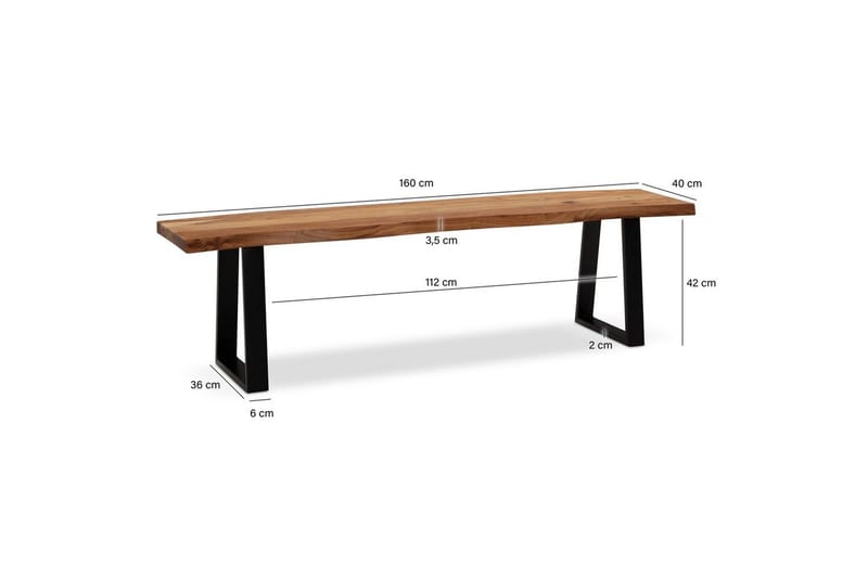Ruokasalin penkki Wohnling Täyspuu metallijaloilla Puunreuna Maalaistyyli Musta, suora, 160 cm - Musta, suora, 160 cm - Huonekalut - Pöytä & ruokailuryhmä - Ruokapöydät & keittiön pöydät