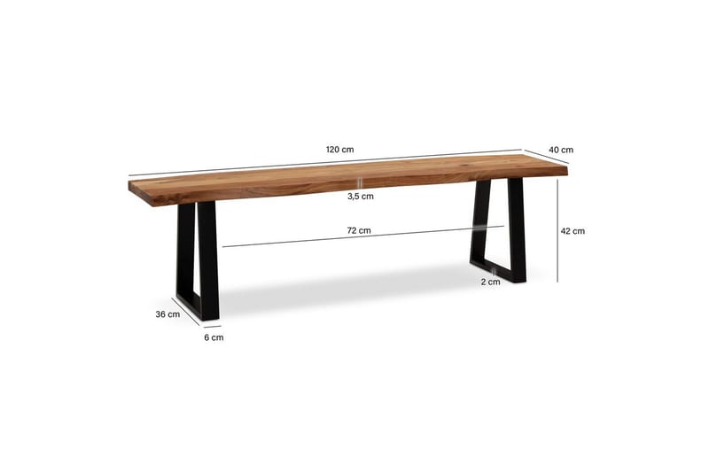 Ruokasalin penkki Wohnling Täyspuu metallijaloilla Puunreuna Maalaistyyli Musta, suora, 120 cm - Musta, suora, 120 cm - Huonekalut - Pöytä & ruokailuryhmä - Ruokapöydät & keittiön pöydät