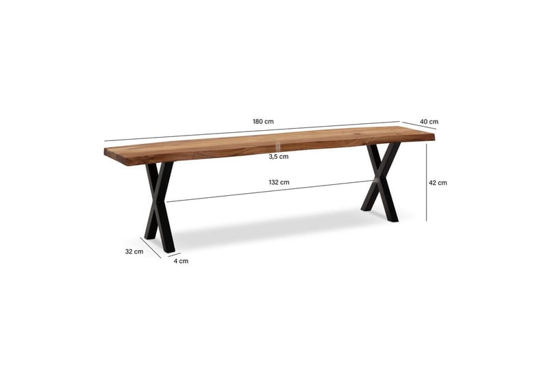 Ruokasalin penkki Wohnling Täyspuu metallijaloilla Puunreuna Maalaistyyli Musta, ristikkäinen, 180 cm - Musta, ristikkäinen, 180 cm - Huonekalut - Pöytä & ruokailuryhmä - Ruokapöydät & keittiön pöydät