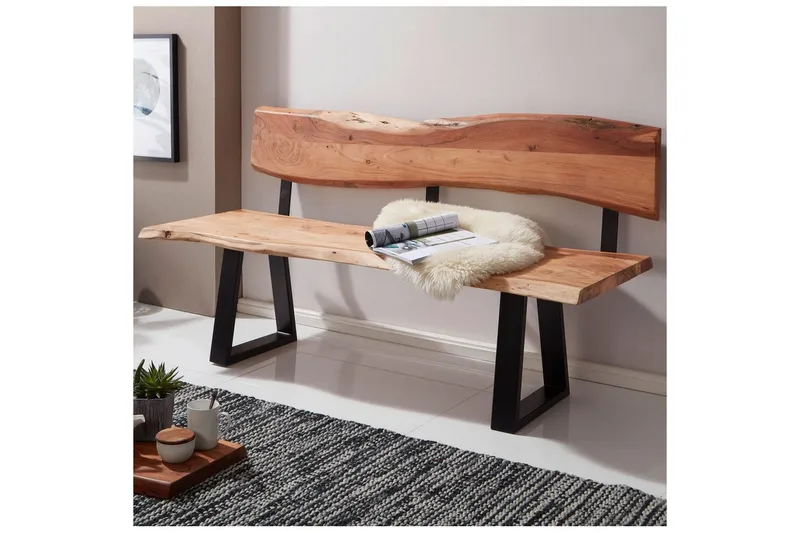 Ruokasalin penkki Wohnling Kiinteä puurakenne metallijaloilla maalaistyyli Selkänojalla, 180 cm - Selkänojalla, 180 cm - Huonekalut - Tuoli & nojatuoli - Penkki - Penkki selkänojalla