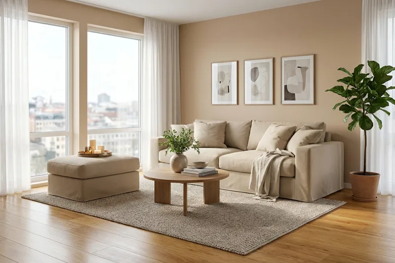 Valencia Extra Deep 3-istuttava sohva + jalkarahi irrotettavalla ja pestävällä verhoilulla - Beige - Huonekalut - Sohva