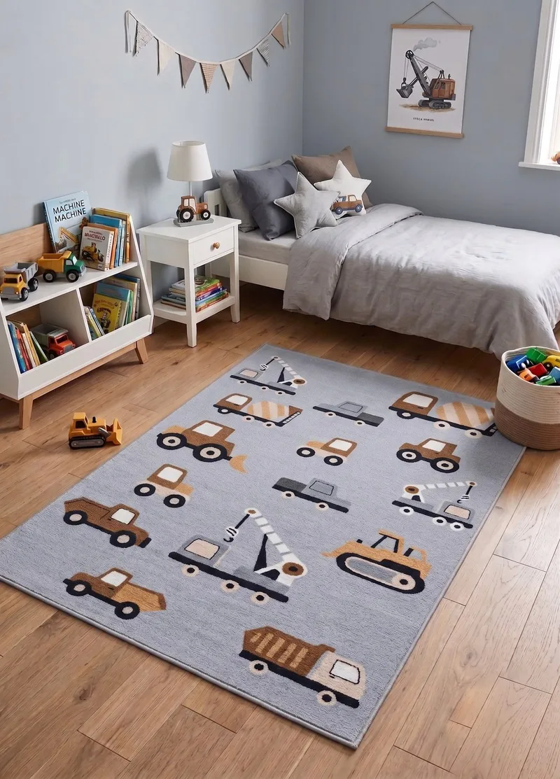 Konekudottu matto KM Home Play Wheels 120x160 Harmaa - harmaa - Kodintekstiilit & matot - Lasten tekstiilit - Lastenhuoneen matto