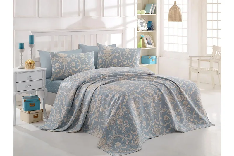 Päiväpeite Eponj Home Tupla 200x235+Lakana+2 tyynyliinaa - Sininen/Valkoinen - Kodintekstiilit & matot - Vuodevaatteet