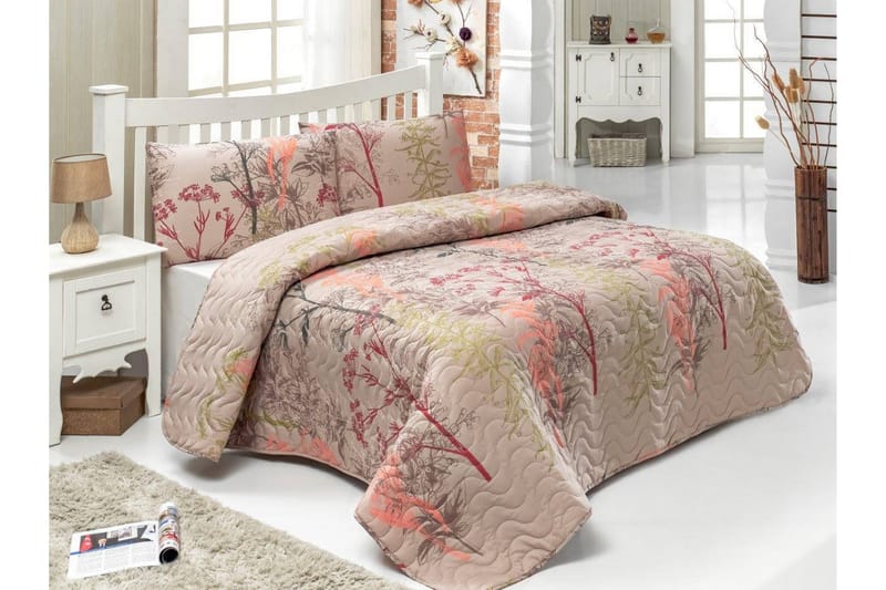 Päiväpeite Eponj Home Yhden 160x220+ tyynyliina Tikattu - Beige/Punainen/Roosa/Vihreä - Kodintekstiilit & matot - Vuodevaatteet