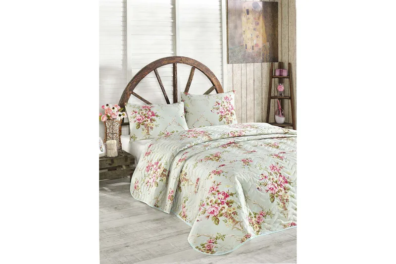 Päiväpeite Eponj Home Yhden 160x220+ tyynyliina Tikattu, Minttu/Roosa/Keltainen/Vihreä