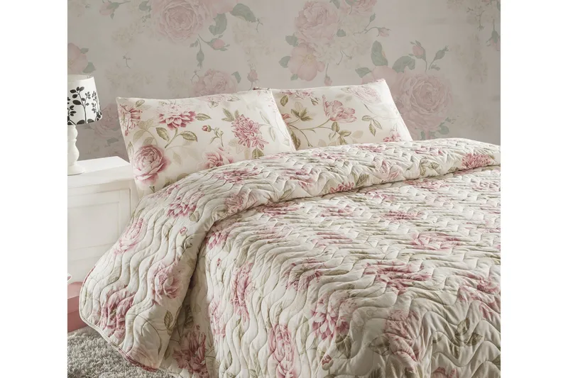 Päiväpeite Eponj Home Yhden 160x220+ tyynyliina Tikattu, Roosa/Hiekka/Beige
