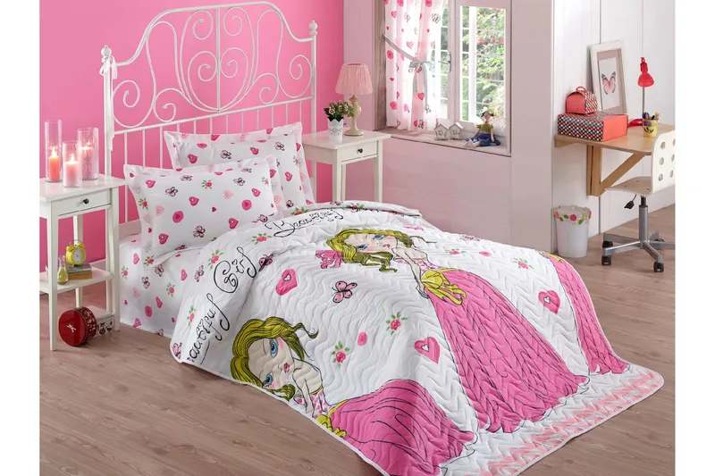 Päiväpeite Eponj Home Yhden 160x220+ tyynyliina Tikattu - Valkoinen/Roosa/Keltainen - Kodintekstiilit & matot - Vuodevaatteet