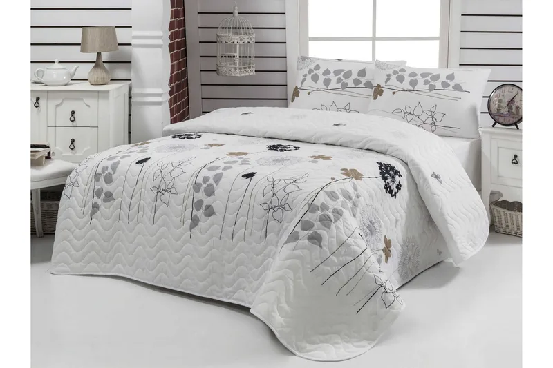 Päiväpeite Eponj Home Tupla 200x220+2 tyynyliinaa Tikattu, Valkoinen/Harmaa/Musta/Ruskea